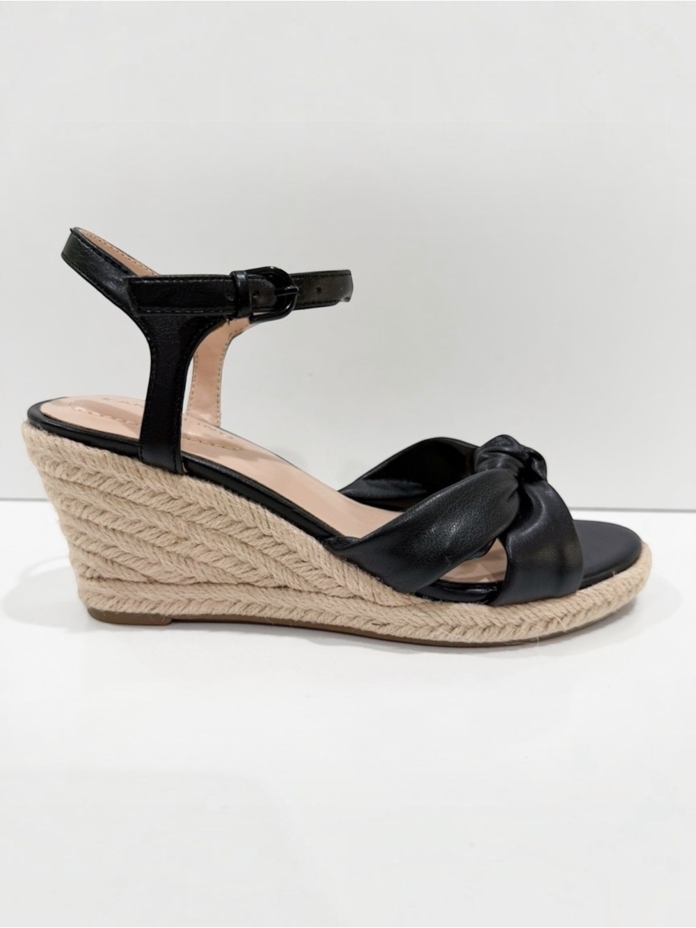 Bandolino Justyne Espadrille Wedge Sandals Knot Ankle Strap Jute Black 5 NEW